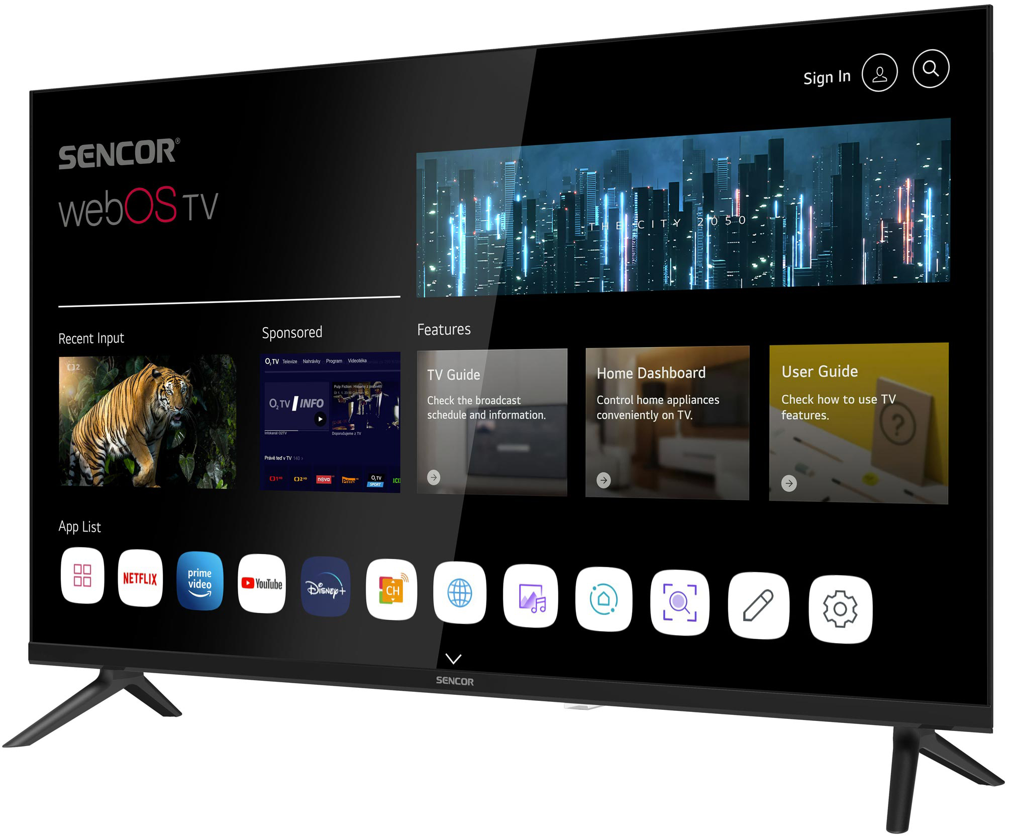Egy fekete Sencor webOS TV egy városi látképet jelenít meg. Alkalmazásikonok és streaming szolgáltatások logói láthatók.
