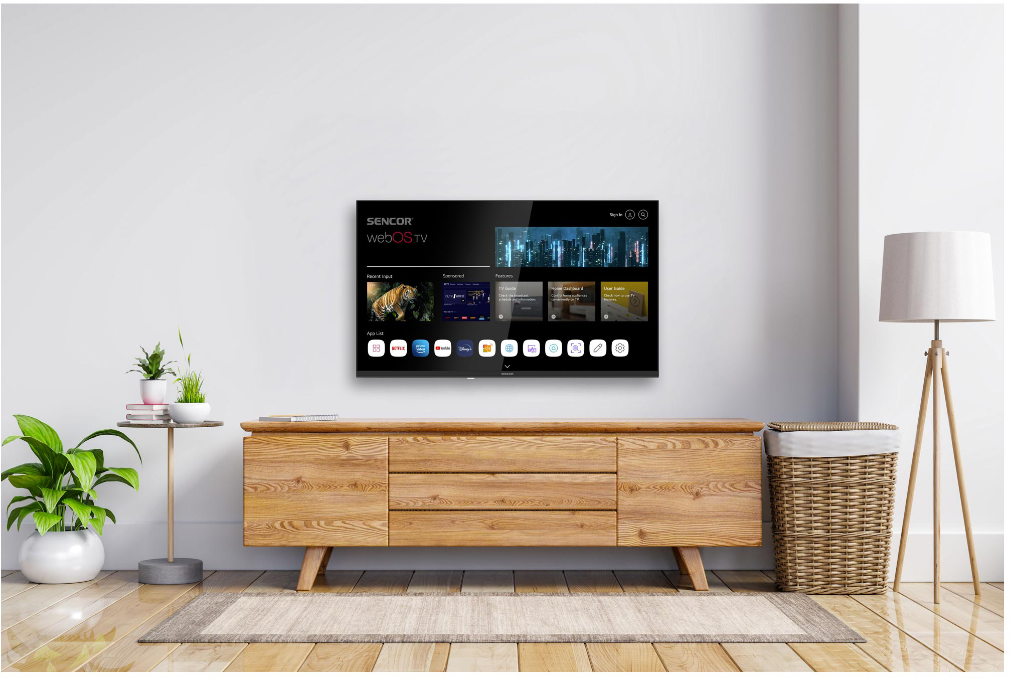 Nappali TV-vel egy fa szekrényen. Növények, egy lámpa és egy szőnyeg is látható. A TV egy felületet jelenít meg.