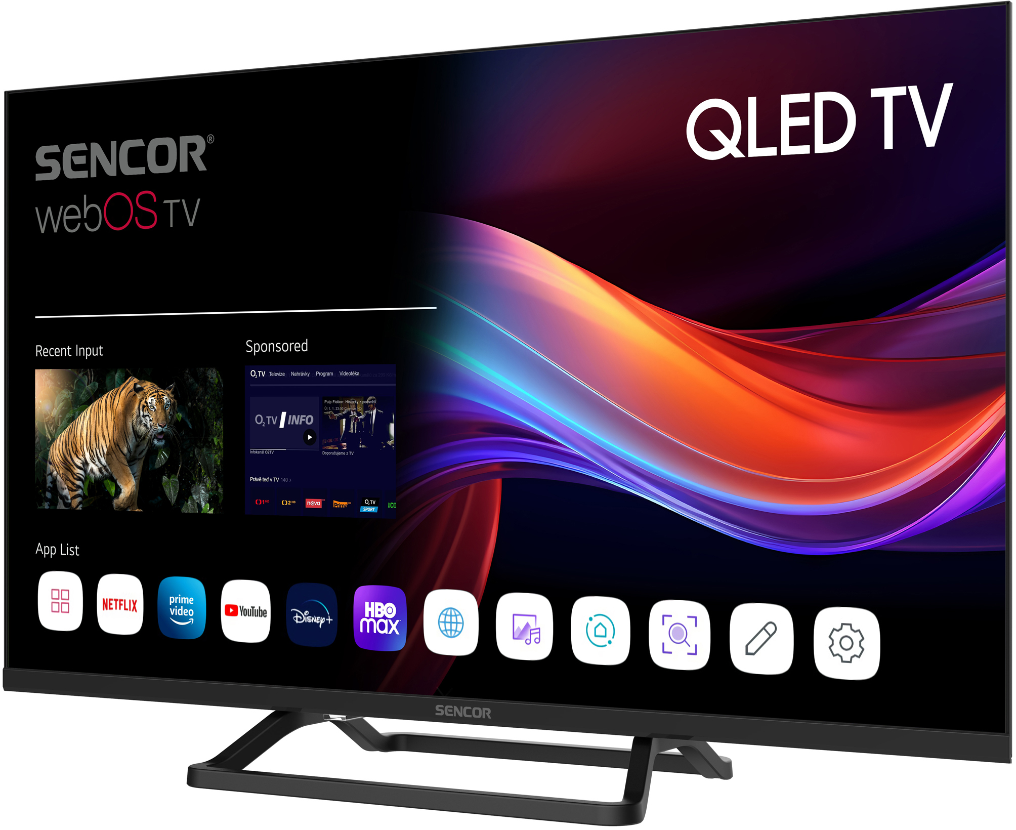 Egy Sencor QLED TV felülete látható. Olyan alkalmazások, mint a Netflix és a YouTube láthatók. Egy tigris képe látható.