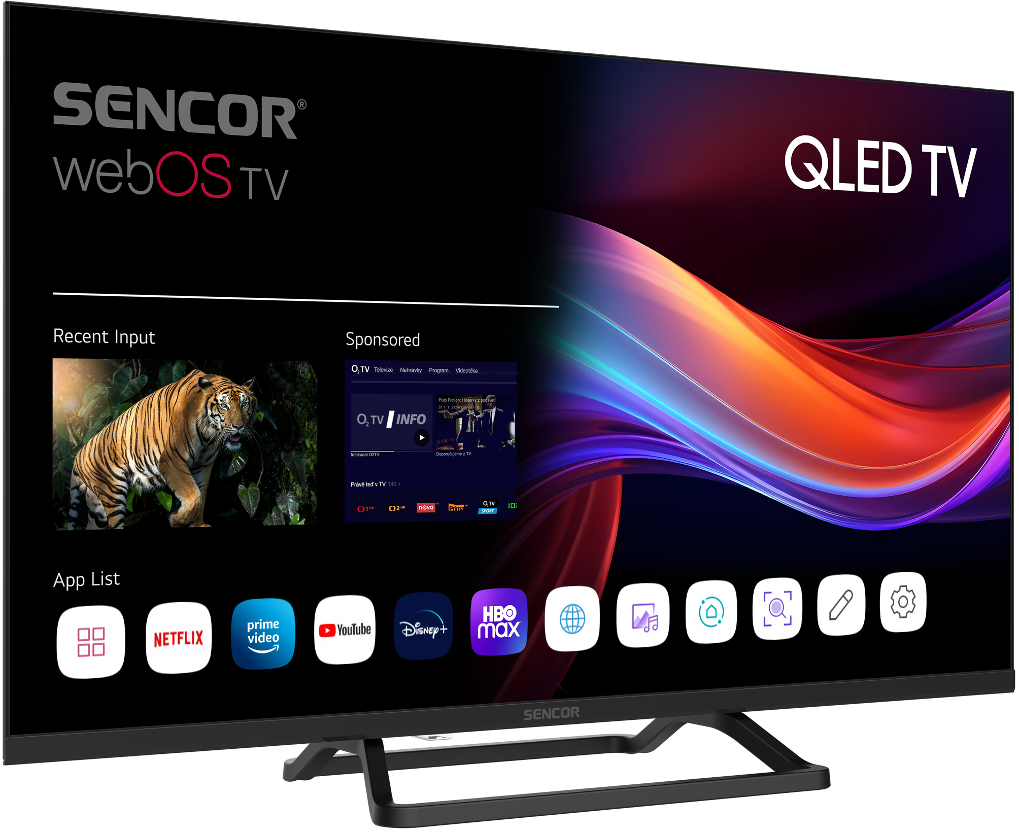 A QLED TV-n egy tigris képe látható a képernyőn, alkalmazásikonok alul, és a márkanév felül.