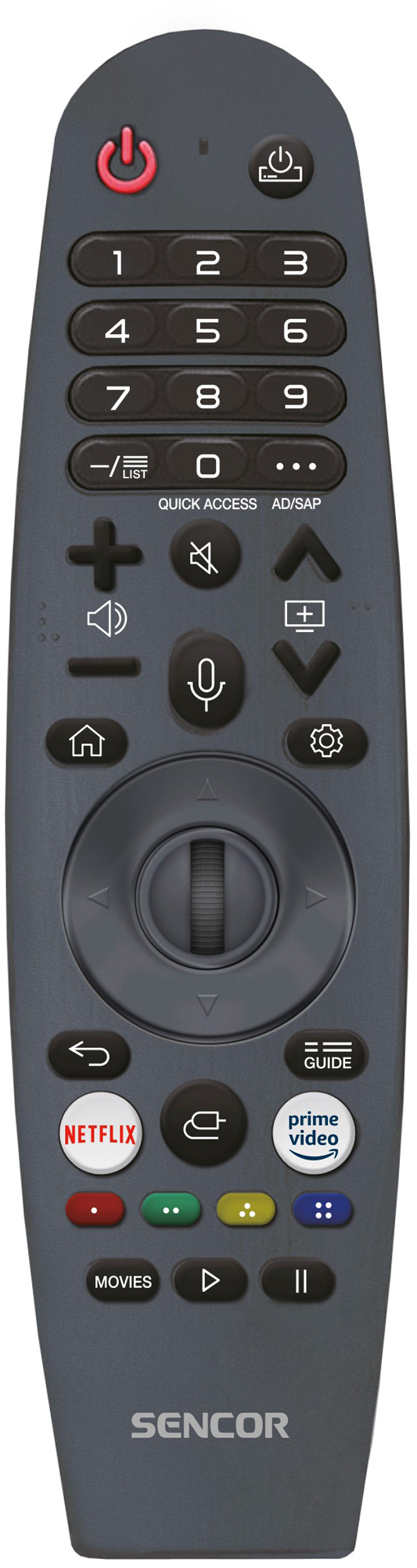 Egy fekete Sencor TV távirányító, sok gombbal, beleértve a Netflixet, Prime Videót, be/ki, számokat és hangerőt.