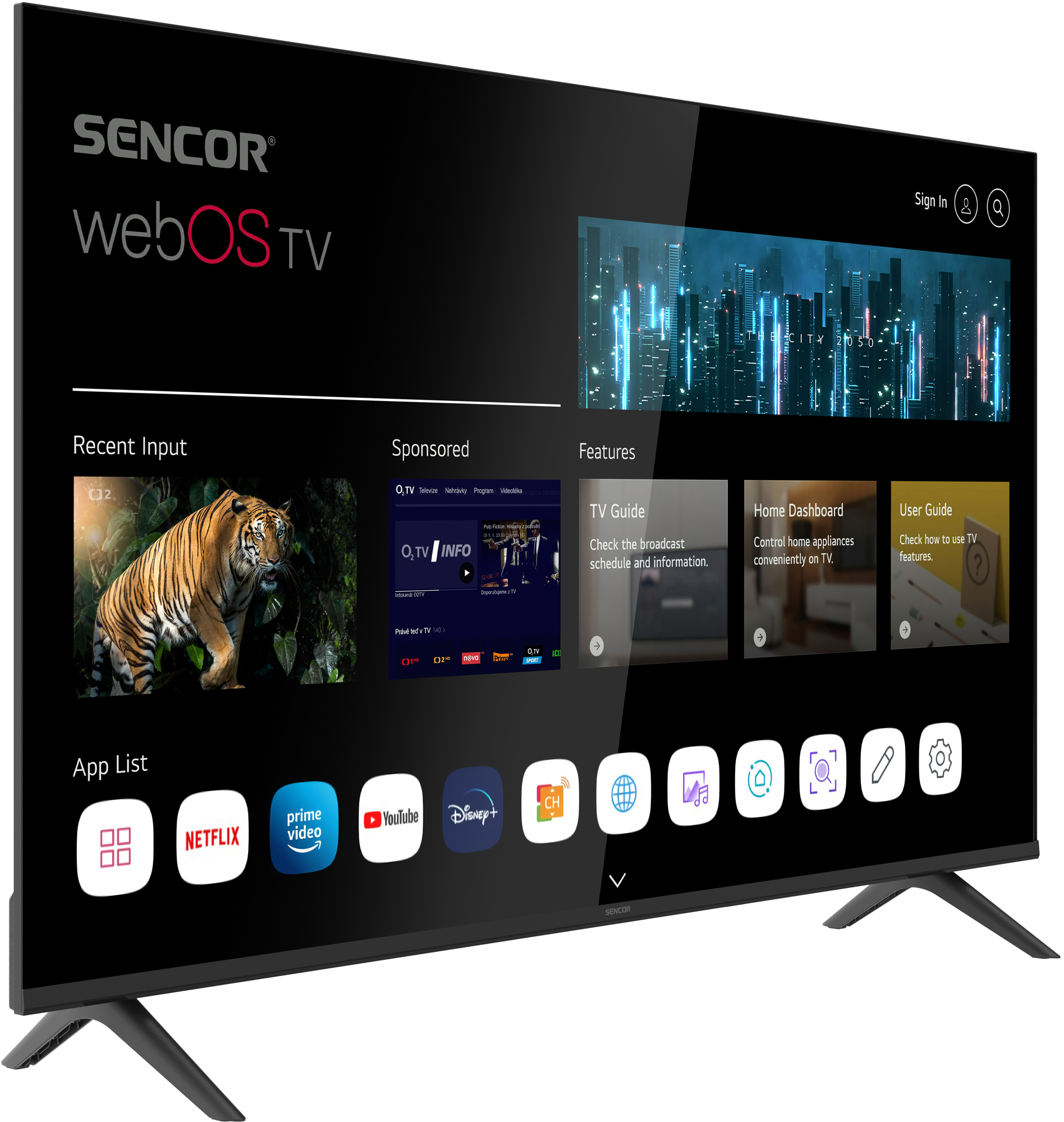 Egy fekete Sencor TV tigris képet, alkalmazás ikonokat és városképet jelenít meg. Tartalmaz TV-útmutatót és felhasználói útmutatót.