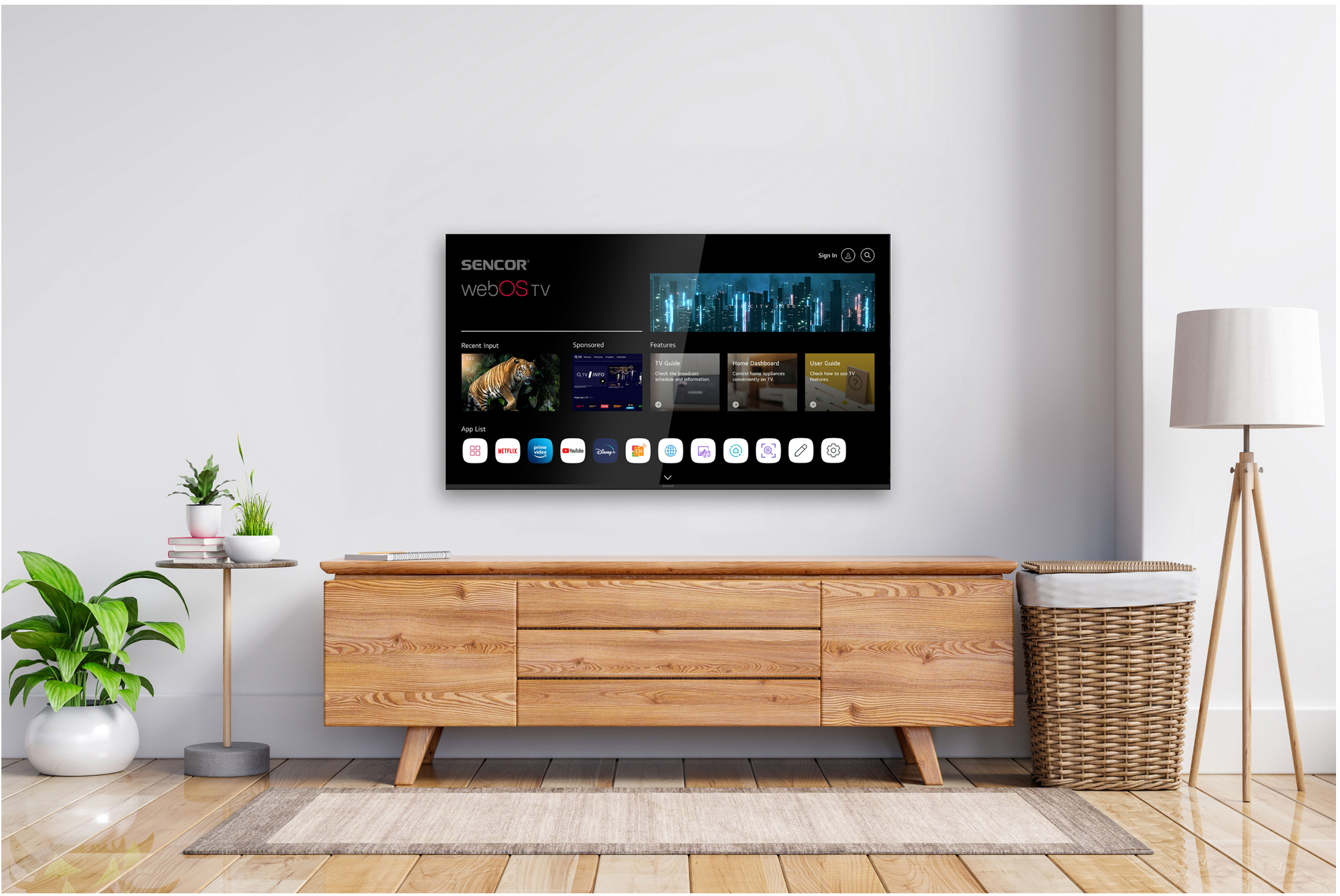 Nappali TV-vel, fa szekrénnyel, növényekkel és állólámpával. A TV egy okos felületet jelenít meg.
