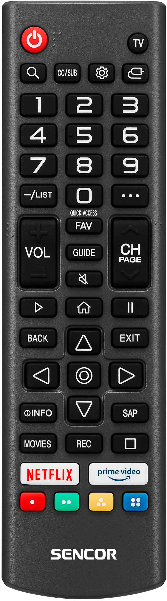 Egy fekete Sencor TV távirányító, sok gombbal, beleértve a számokat, a hangerőt, a Netflixet és a Prime Videót.