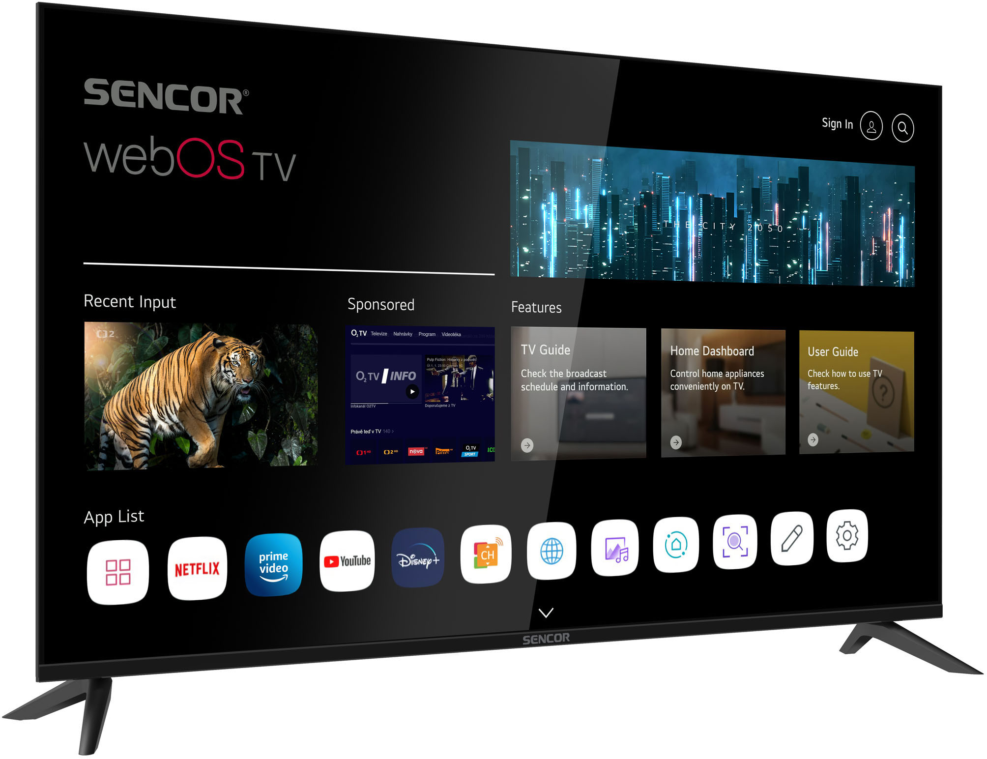 Egy fekete Sencor webOS TV felülete, alkalmazásokkal, tigris képpel és városi látképpel.