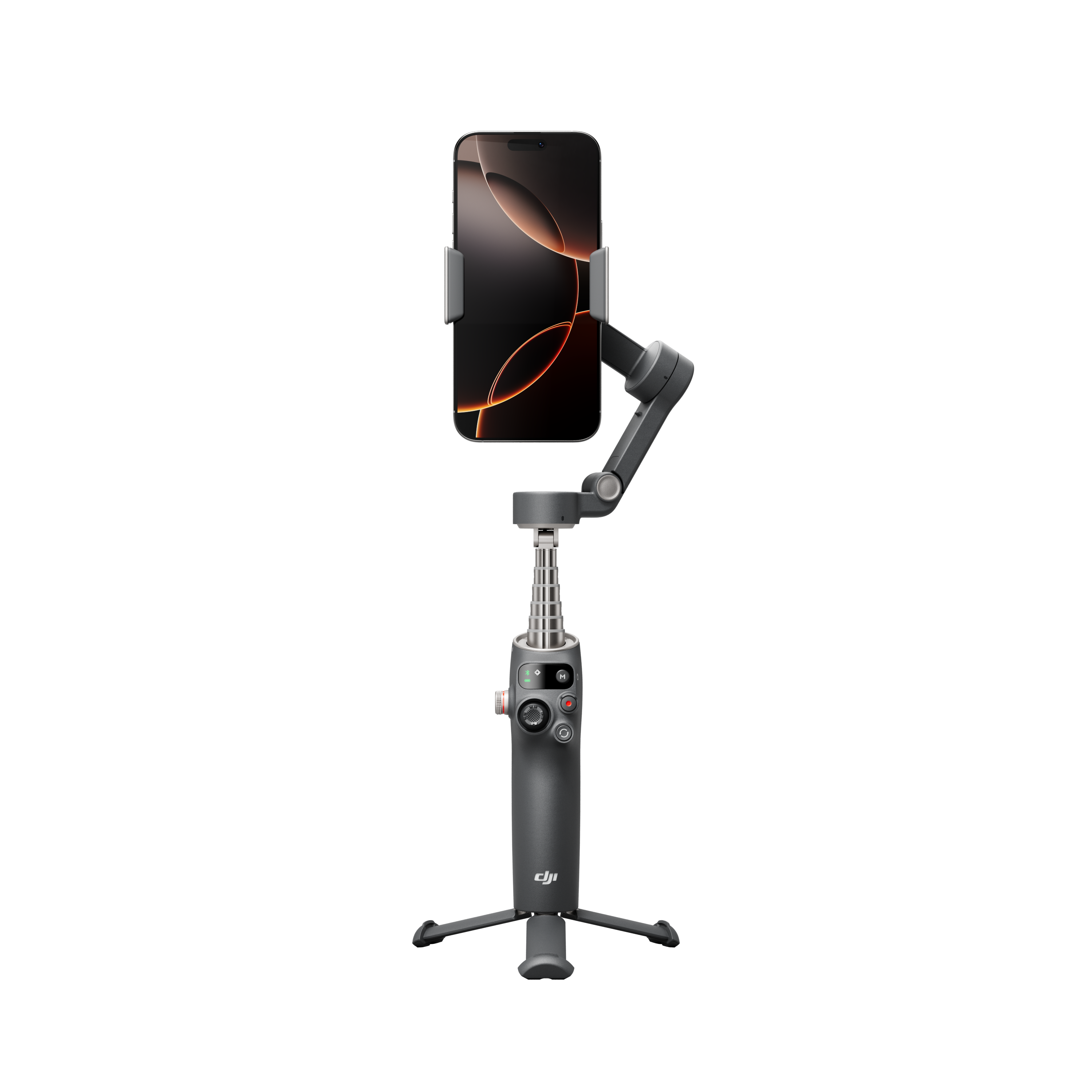 Smartphone auf einem grauen DJI-Gimbal montiert. Der Bildschirm zeigt ein orangefarbenes Design auf schwarzem Hintergrund.