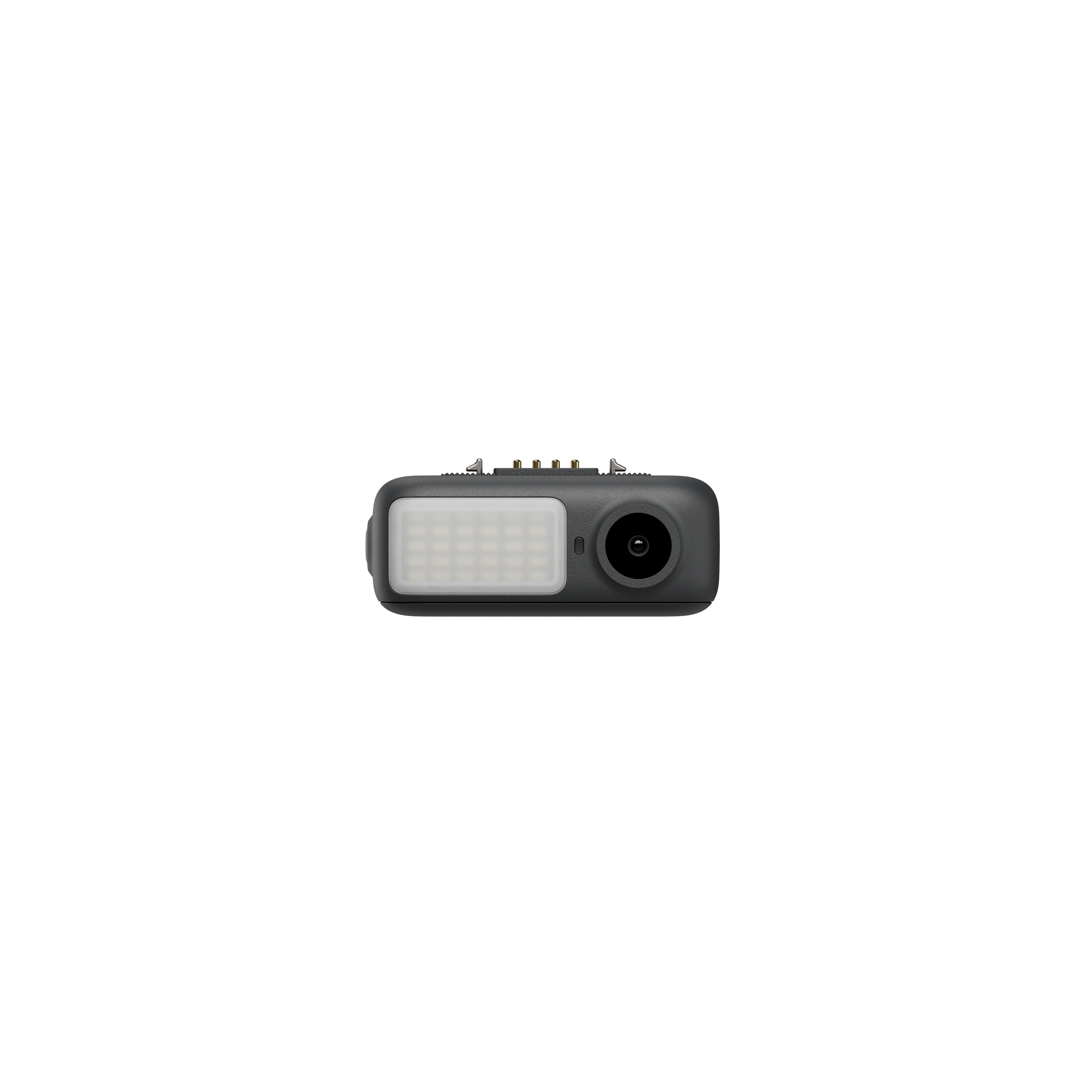 Eine schwarze Kamera mit einem Lichtpanel und einem Objektiv. Sie ist vor weißem Hintergrund.