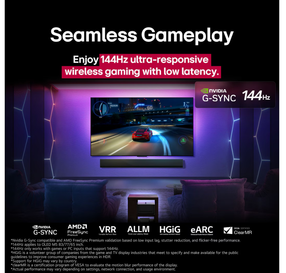 144Hz'de yarış oyunu gösteren TV ekranı. Metin: Kesintisiz Oynanış, Nvidia G-Sync, AMD FreeSync.