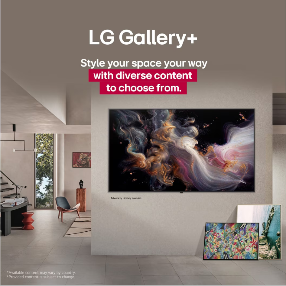 Bir LG Gallery+ reklamı. Bir TV sanat gösteriyor; sandalye ve sanat eserleri olan modern bir oda. Metin: Alanınıza stil verin.