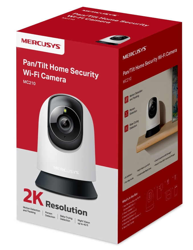 Pudełko kamery Wi-Fi do monitoringu domu Mercusys Pan/Tilt, model MC210, z rozdzielczością 2K. Kamera jest biało-czarna.