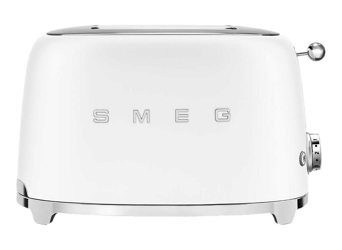 Un grille-pain SMEG blanc avec des détails chromés. Le cadran affiche les réglages 1, 2 et 3. Le logo SMEG est visible.