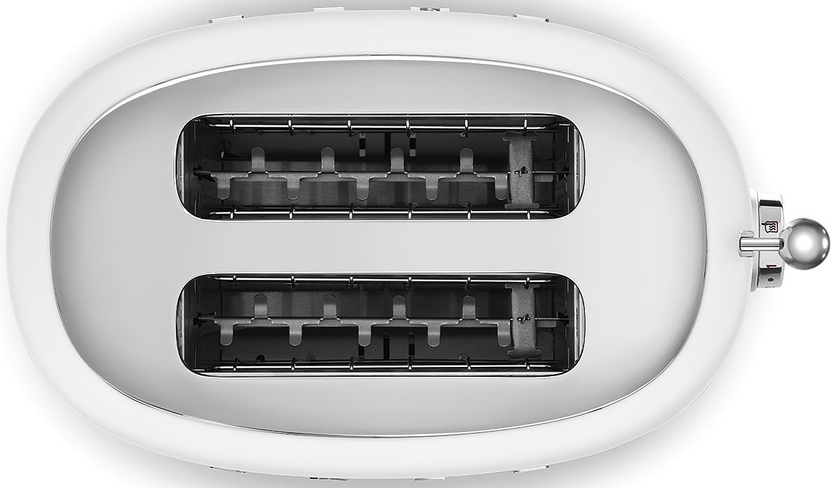 Un grille-pain blanc et argenté, vue de dessus. Il possède deux fentes pour le pain, un levier et un cadran de réglage.