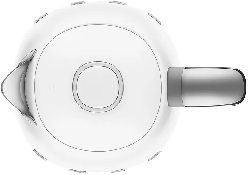 Vista dall'alto di un bollitore elettrico bianco con manico e beccuccio grigi. Il bollitore ha un design circolare e un pulsante centrale.