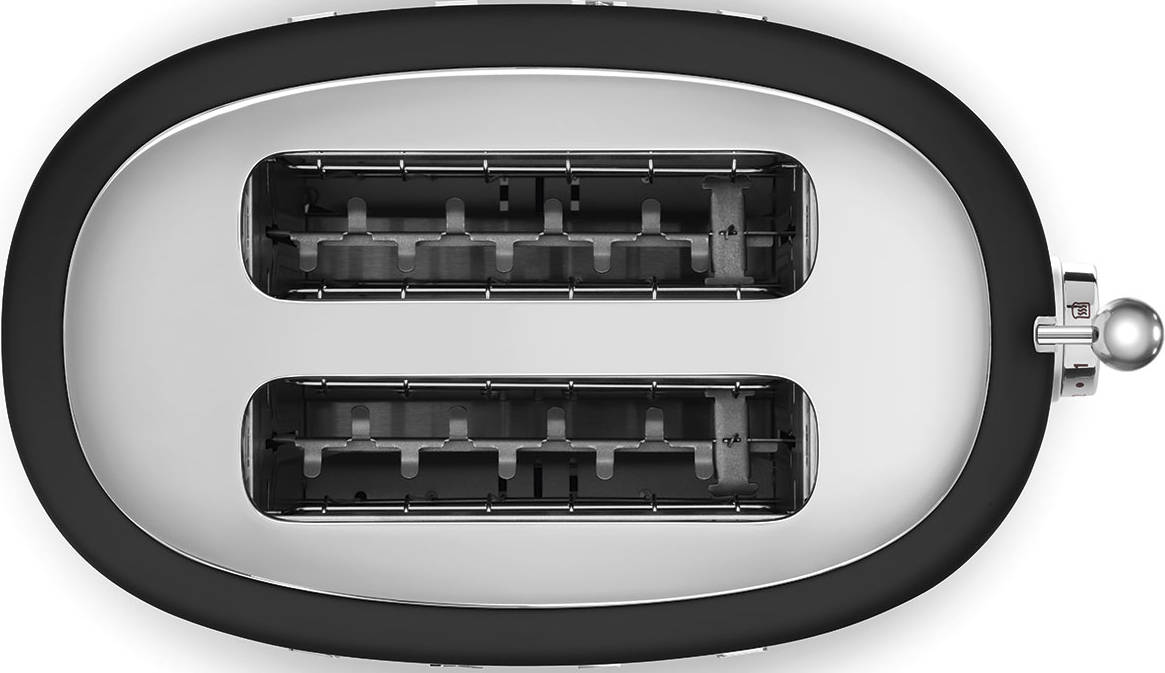 Vue de dessus d'un grille-pain noir et argenté. Deux fentes sont visibles, avec un levier et un bouton sur le côté. Fond blanc.
