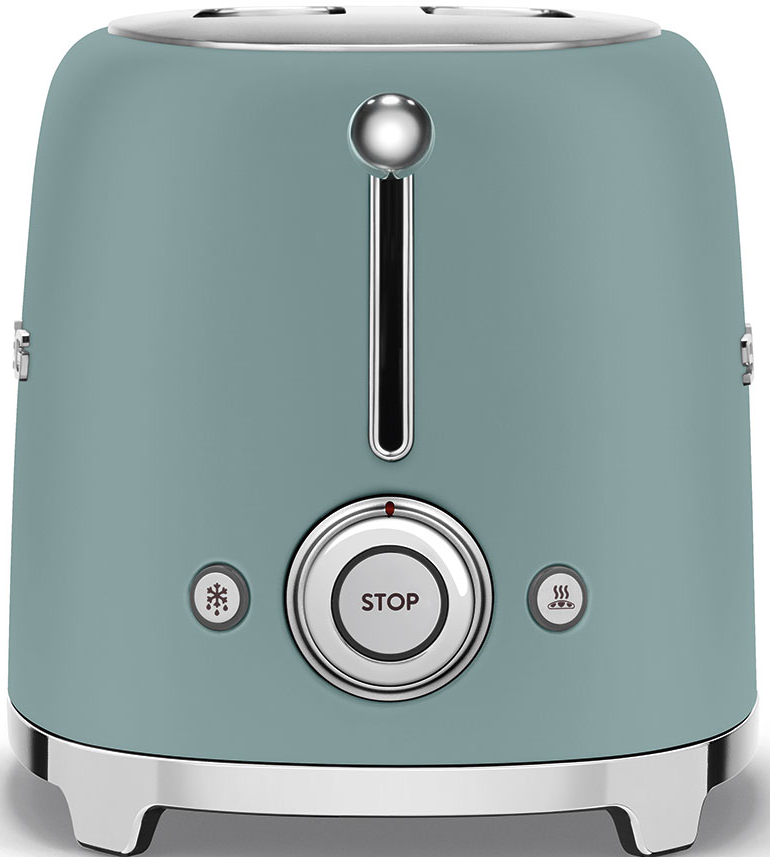Un grille-pain turquoise avec des accents argentés. Il a un bouton stop, un bouton de décongélation et un bouton de réchauffement.