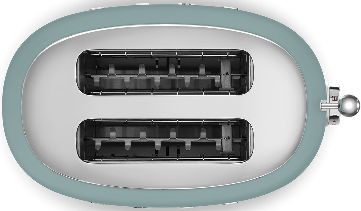 Vue de dessus d'un grille-pain bleu-vert avec deux fentes, des accents chromés et un levier.