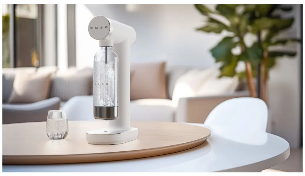 Un produttore di soda SMEG bianco è su un tavolo di legno con un bicchiere d'acqua, contro uno sfondo sfocato del soggiorno.