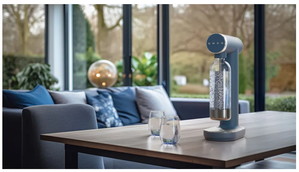 Ein blau-silberner SMEG-Soda-Maker steht auf einem Tisch. Zwei Gläser Wasser stehen davor. Im Hintergrund sind eine Couch und ein Fenster zu sehen.