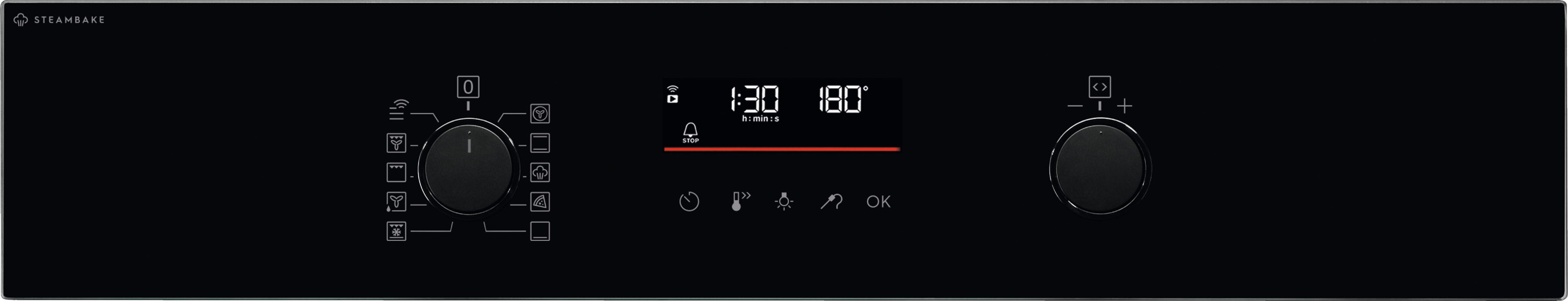 Czarny panel sterowania piekarnika z pokrętłami, wyświetlaczem cyfrowym z czasem i temperaturą oraz ikonami.