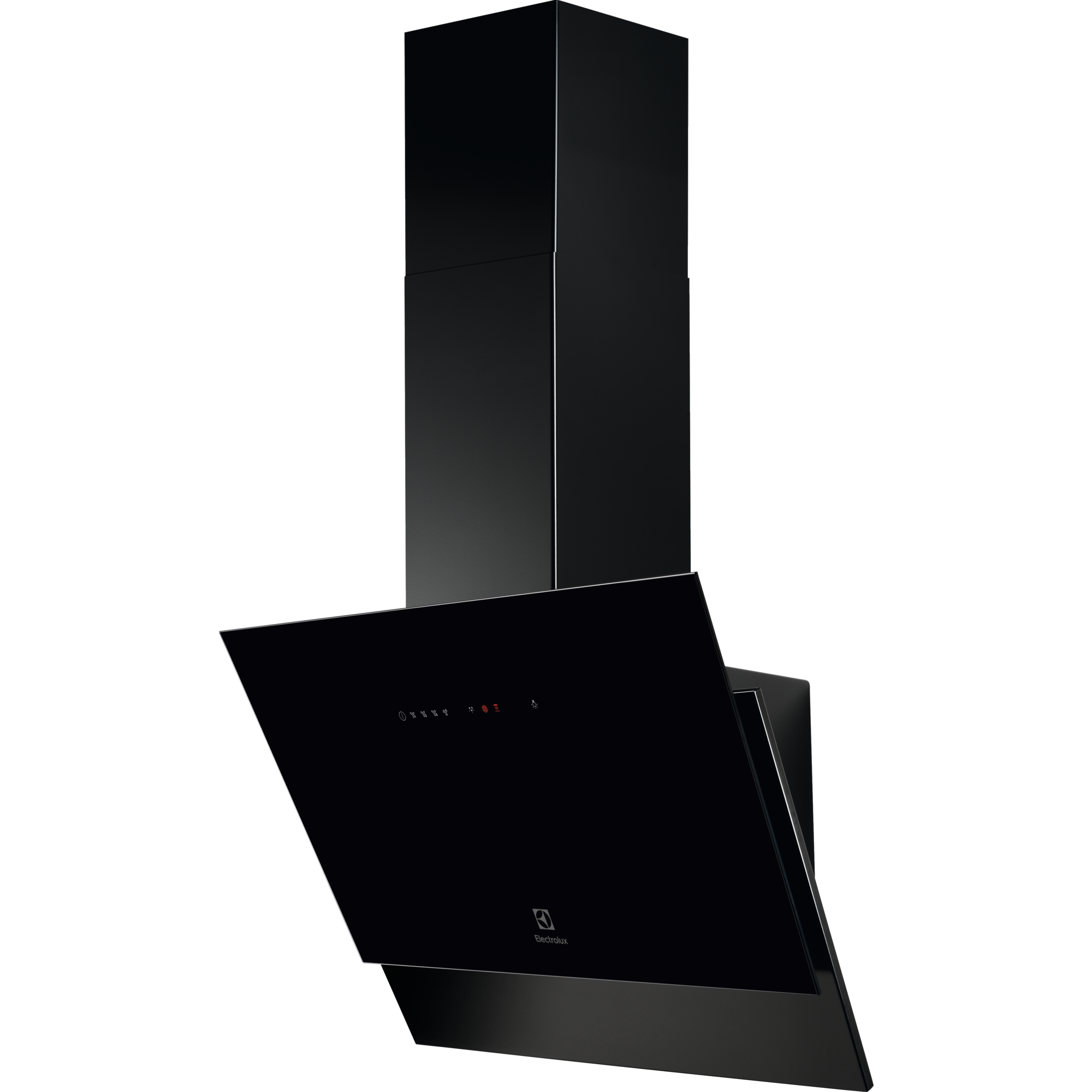 Czarny okap Electrolux na czarnym tle. Ma szklany front z ikonami sterowania.