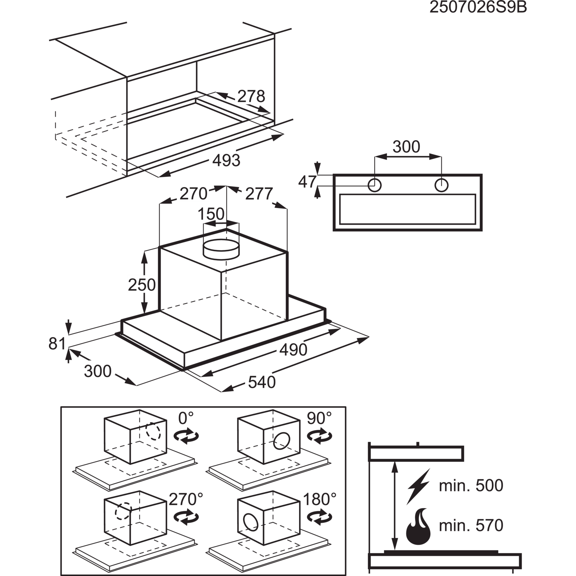 Rysunek techniczny okapu kuchennego. Wymiary i kąty wskazano za pomocą liczb i strzałek.