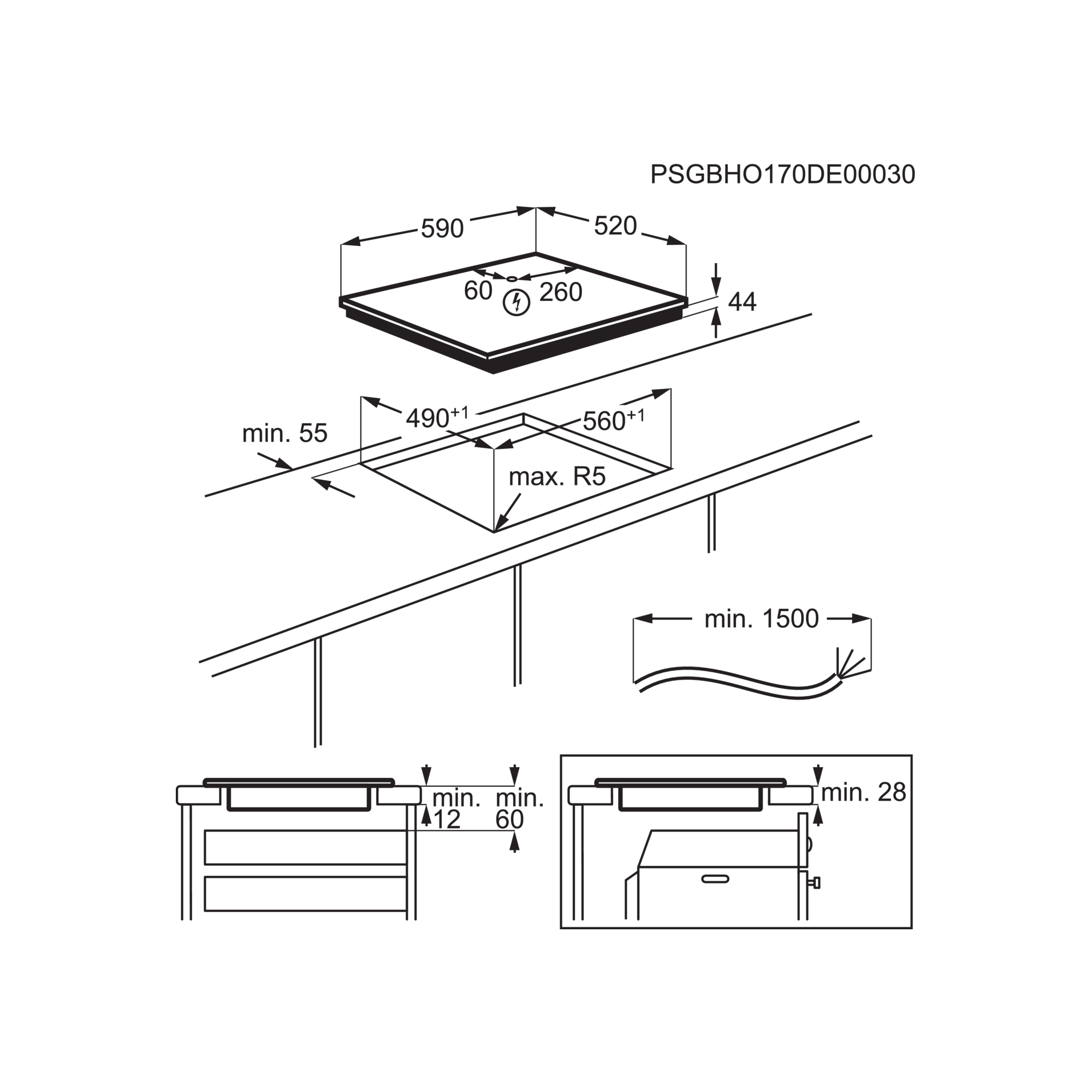 Schemat płyty grzejnej z wymiarami i szczegółami instalacji. Pokazuje pomiary, symbol zasilania i wycięcia w szafce.