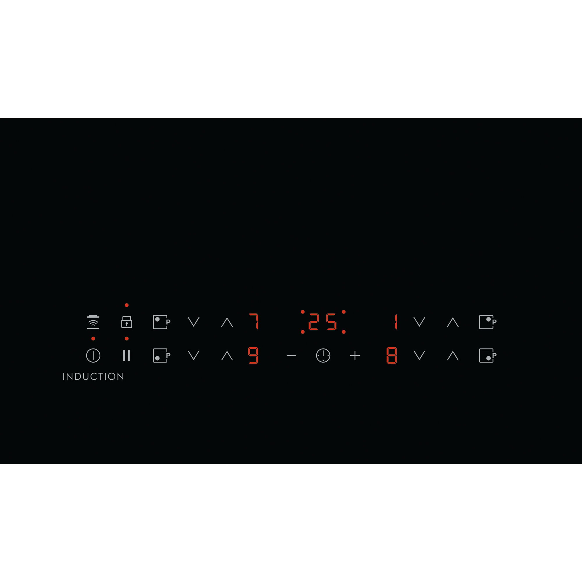 Czarna płyta indukcyjna z czerwonym wyświetlaczem pokazującym liczby i symbole.