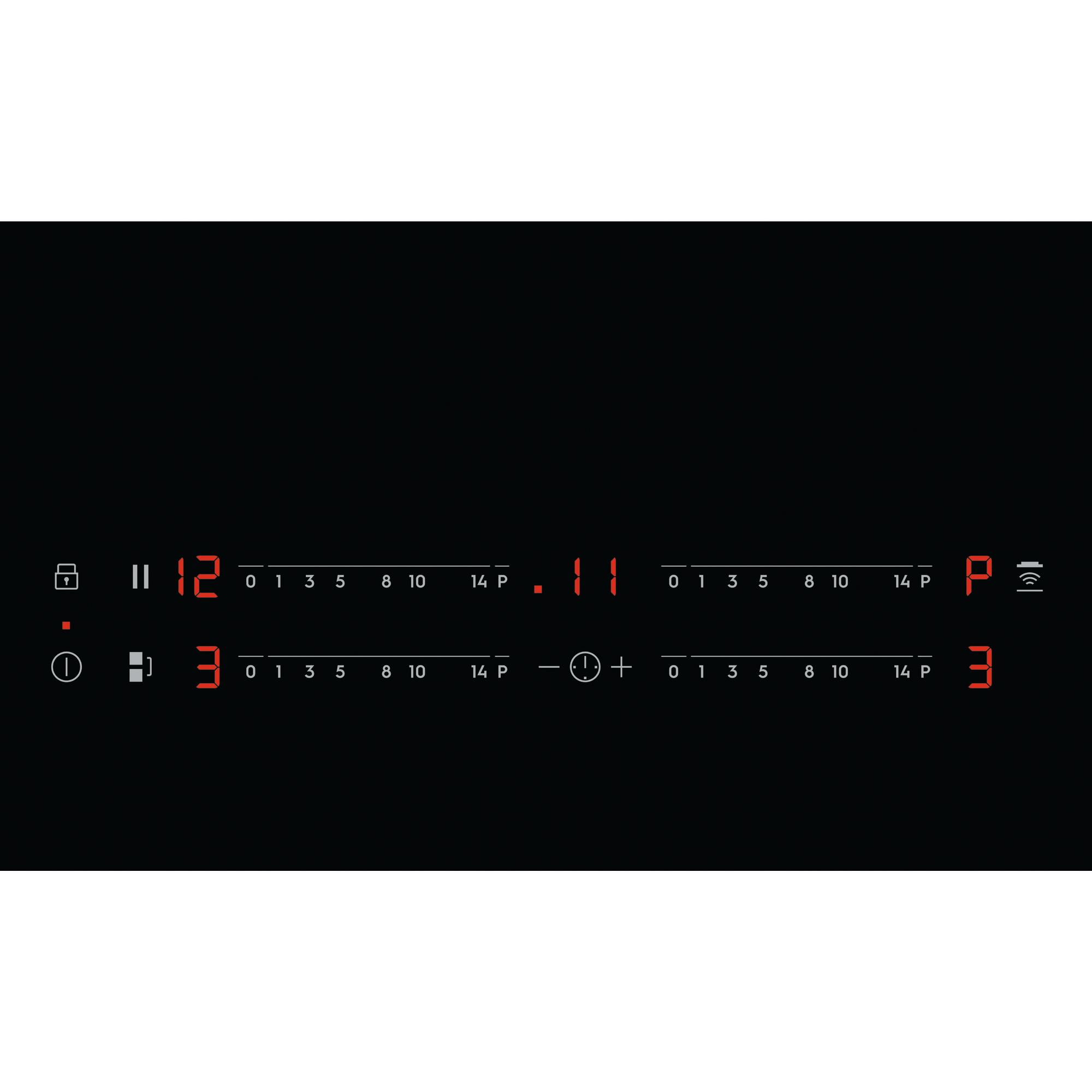 Czarna płyta grzewcza z czerwonymi wyświetlaczami cyfrowymi. Pokazuje liczby, symbole i poziom mocy. Zawiera blokadę, timer i ustawienia mocy.