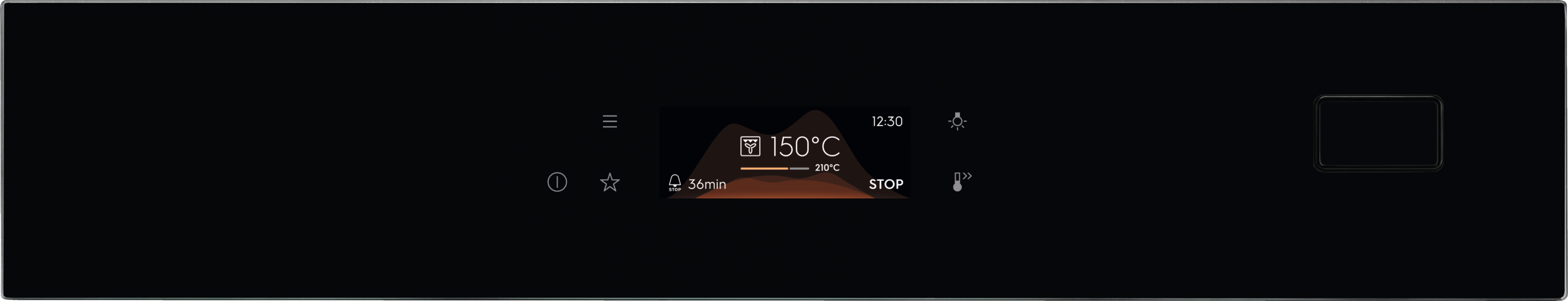 Czarny panel sterowania piekarnika z podświetlanym wyświetlaczem pokazującym temperaturę, czas i ikony funkcji.