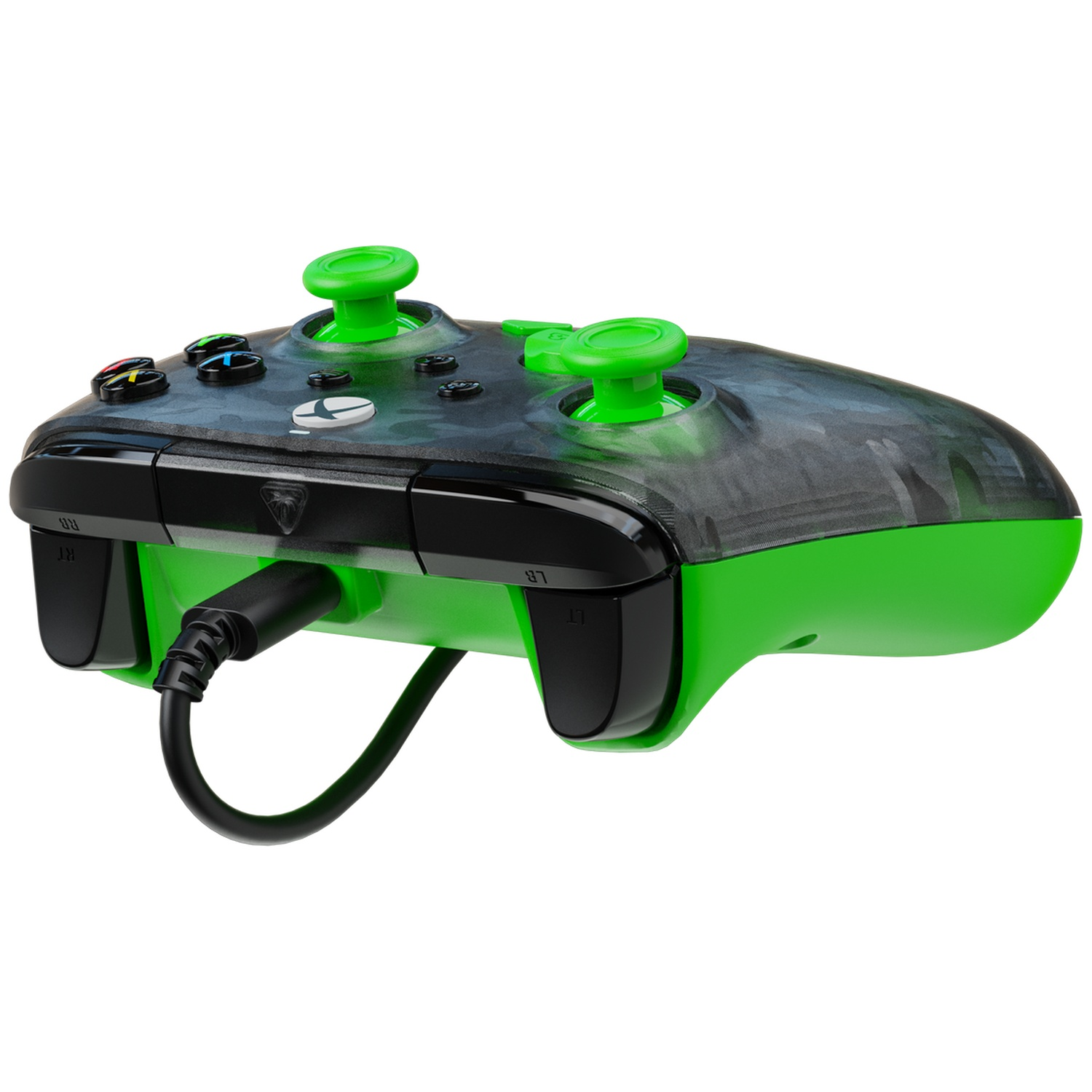 Green and black Xbox controller. Black cable connected. Green joysticks and accents. Camouflage pattern on top.