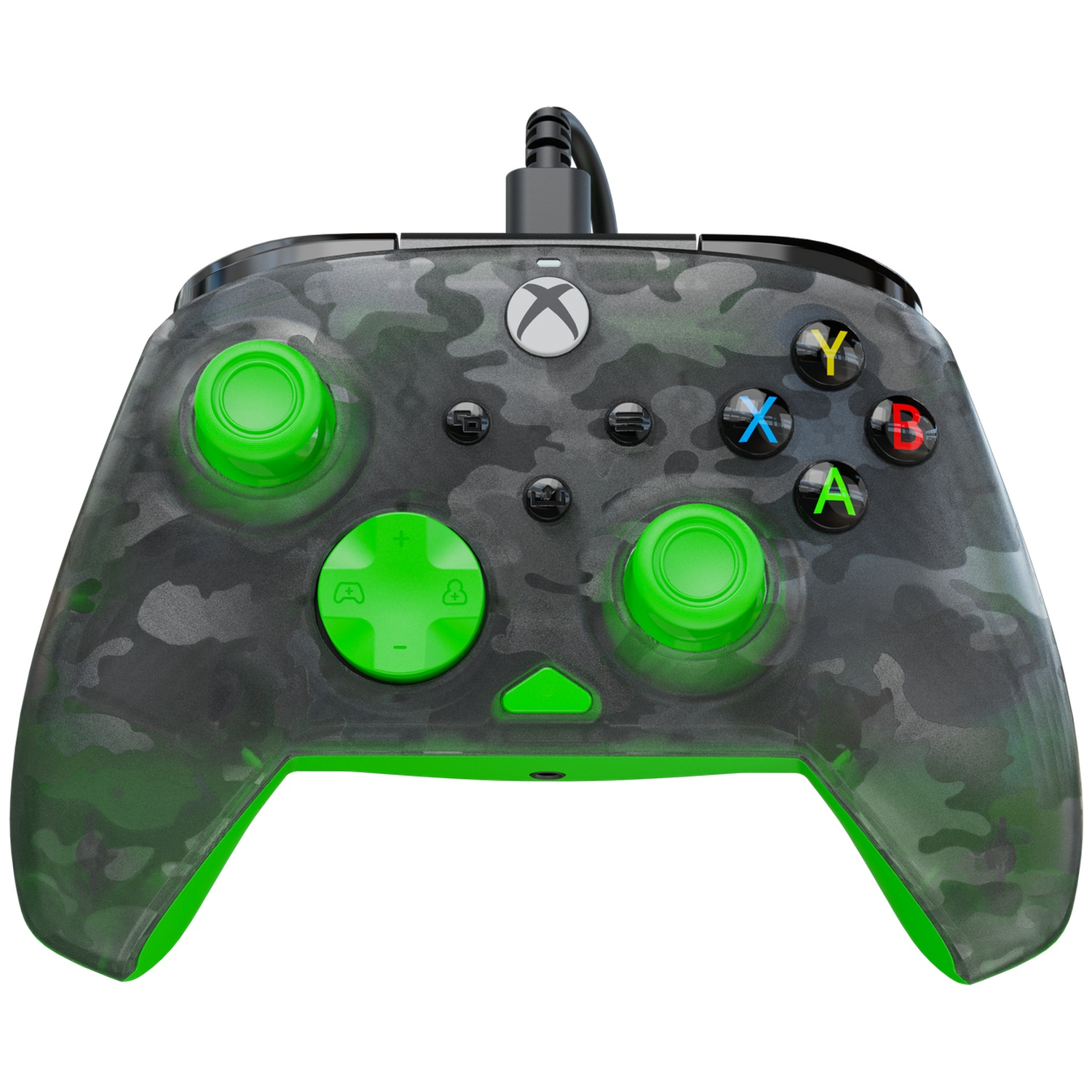 Xbox controller, camo pattern, green accents, buttons, joysticks, and D-pad. Black cable connected. White background.