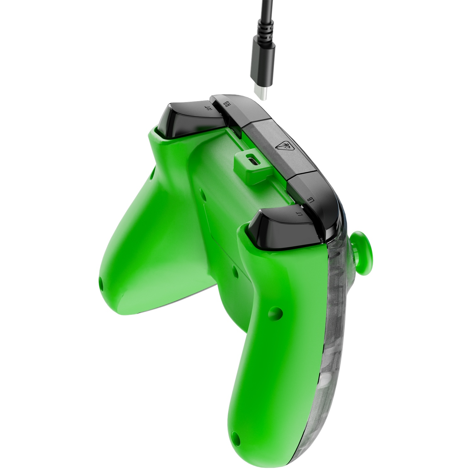A green game controller with black accents and a charging cable. The controller is angled towards the viewer, showing details.