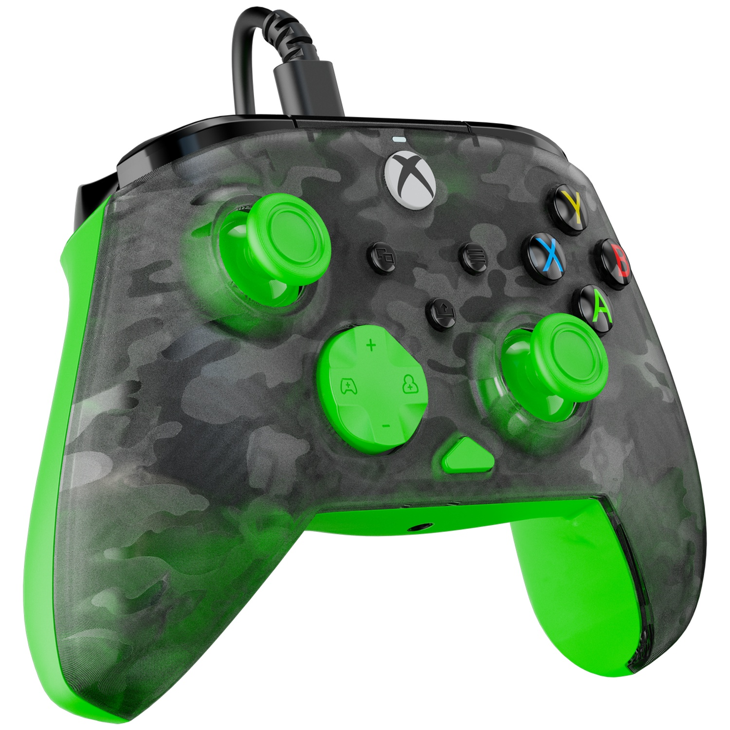 Xbox controller with green accents. Camouflage pattern on gray top. Green joysticks, buttons, and handles. Black USB cable attached.