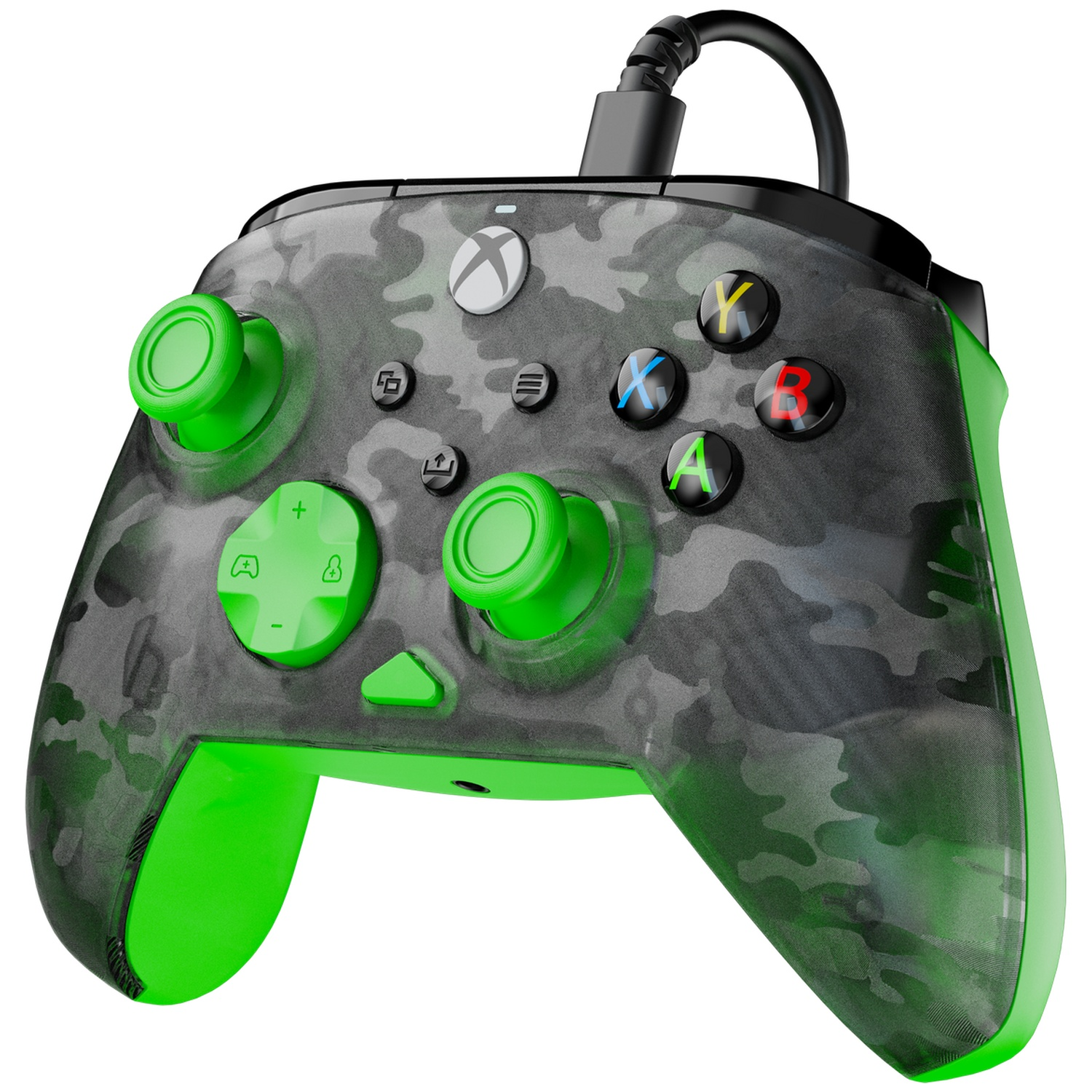 Xbox controller with green accents. Camouflage design on the front. Buttons include A, B, X, Y. Green joysticks and D-pad. Black cable.