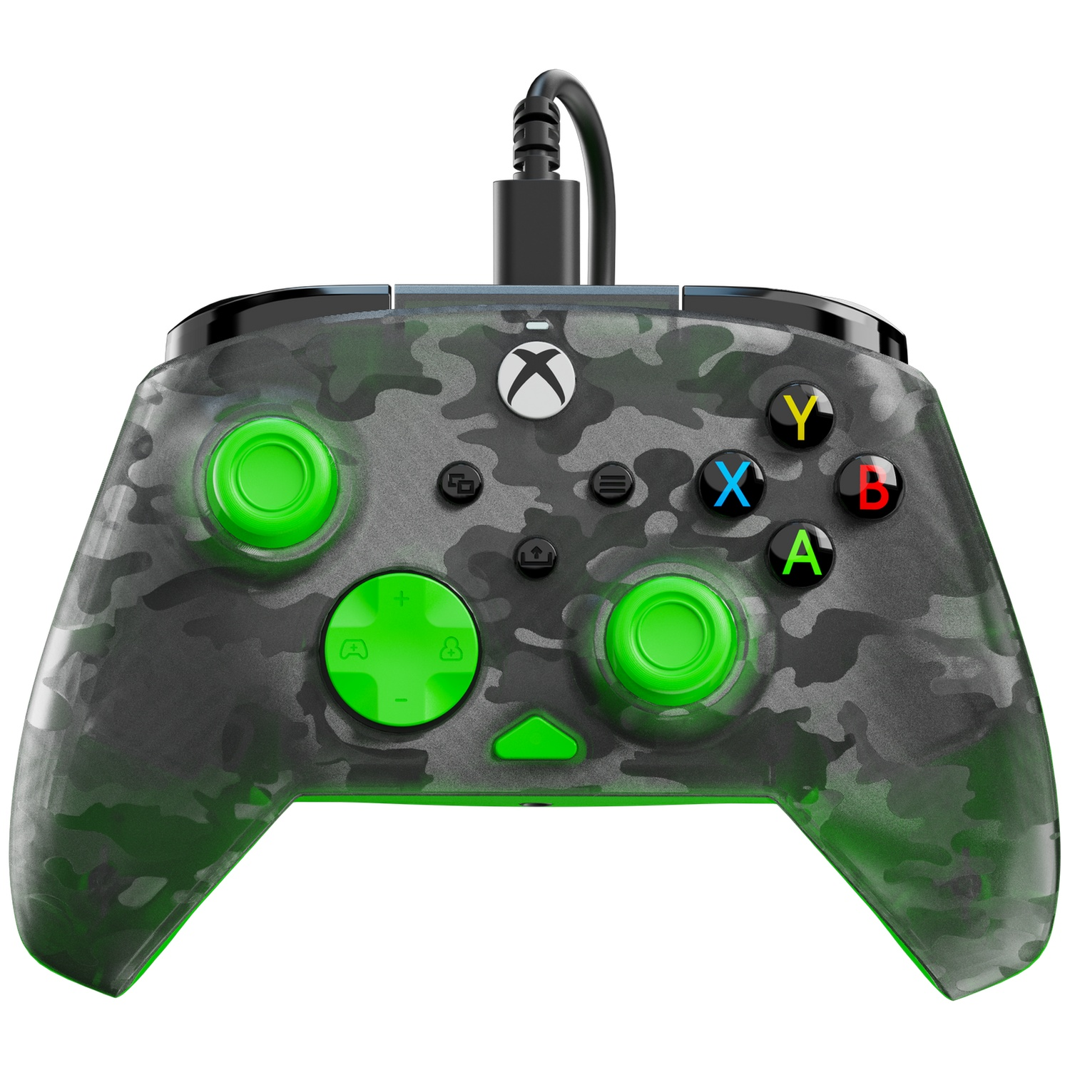 An Xbox controller with a camouflage design. It has green accents and buttons. The controller is wired and features the Xbox logo.