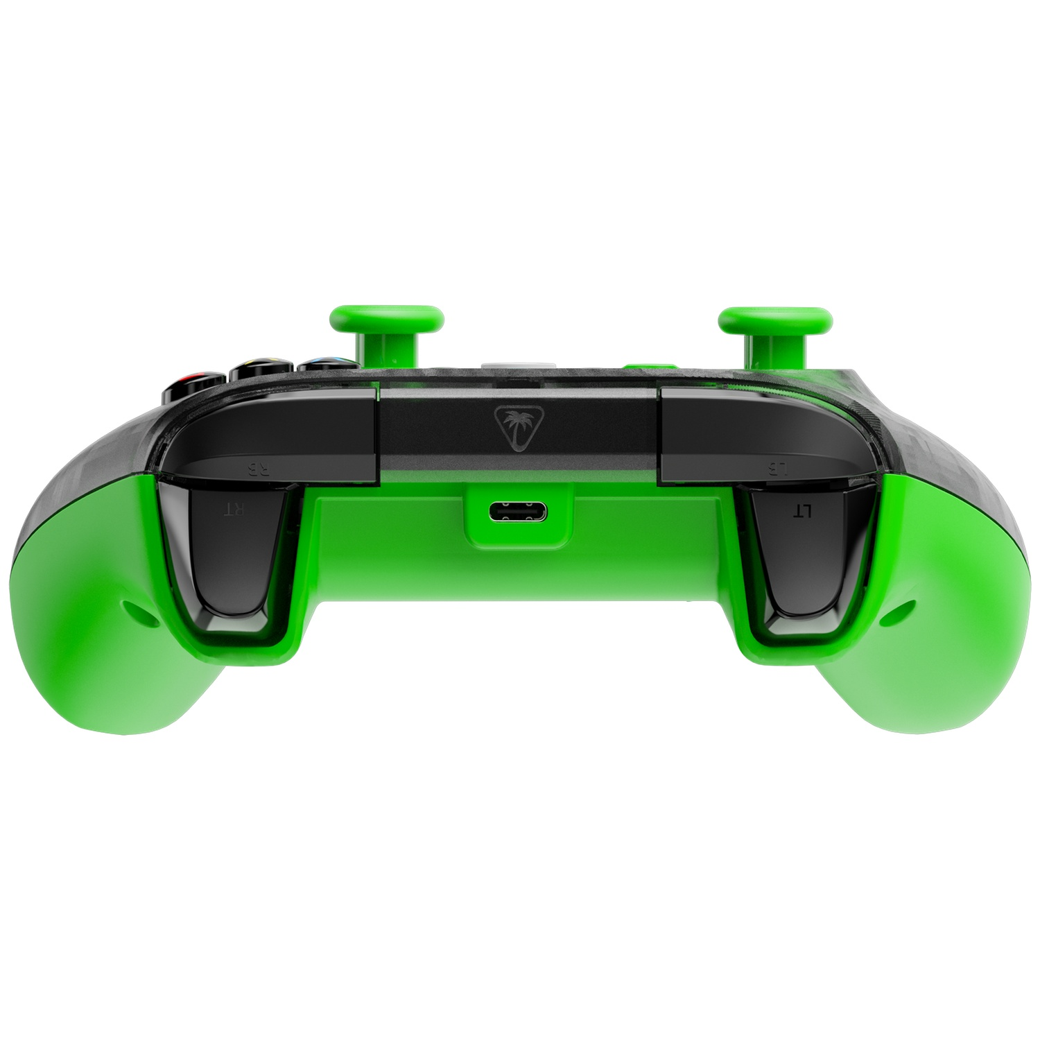 A green and black game controller is shown. The controller has two green joysticks, and black buttons. The background is white.