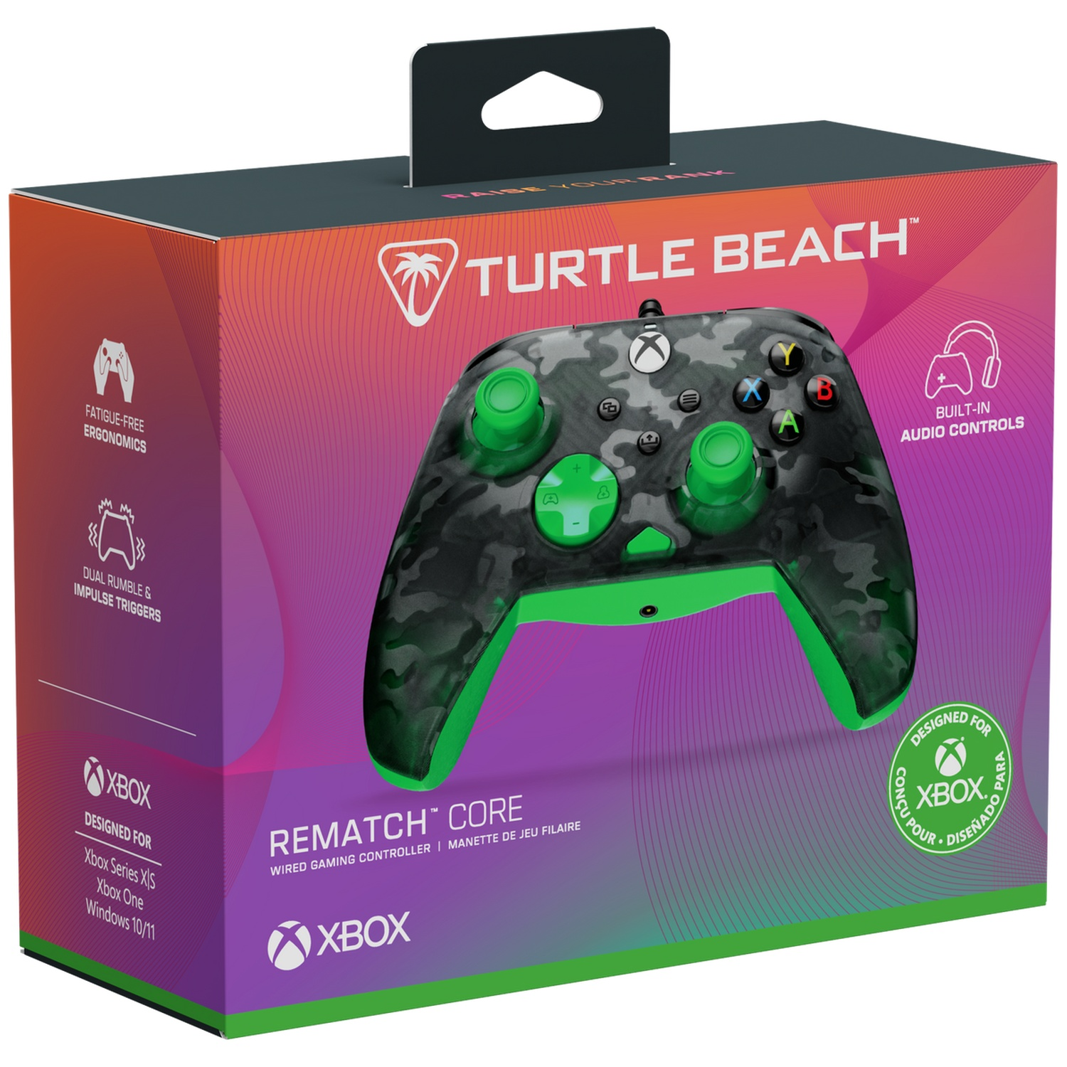 Box of a Turtle Beach Rematch Core Xbox controller. The controller is green and black camouflage.