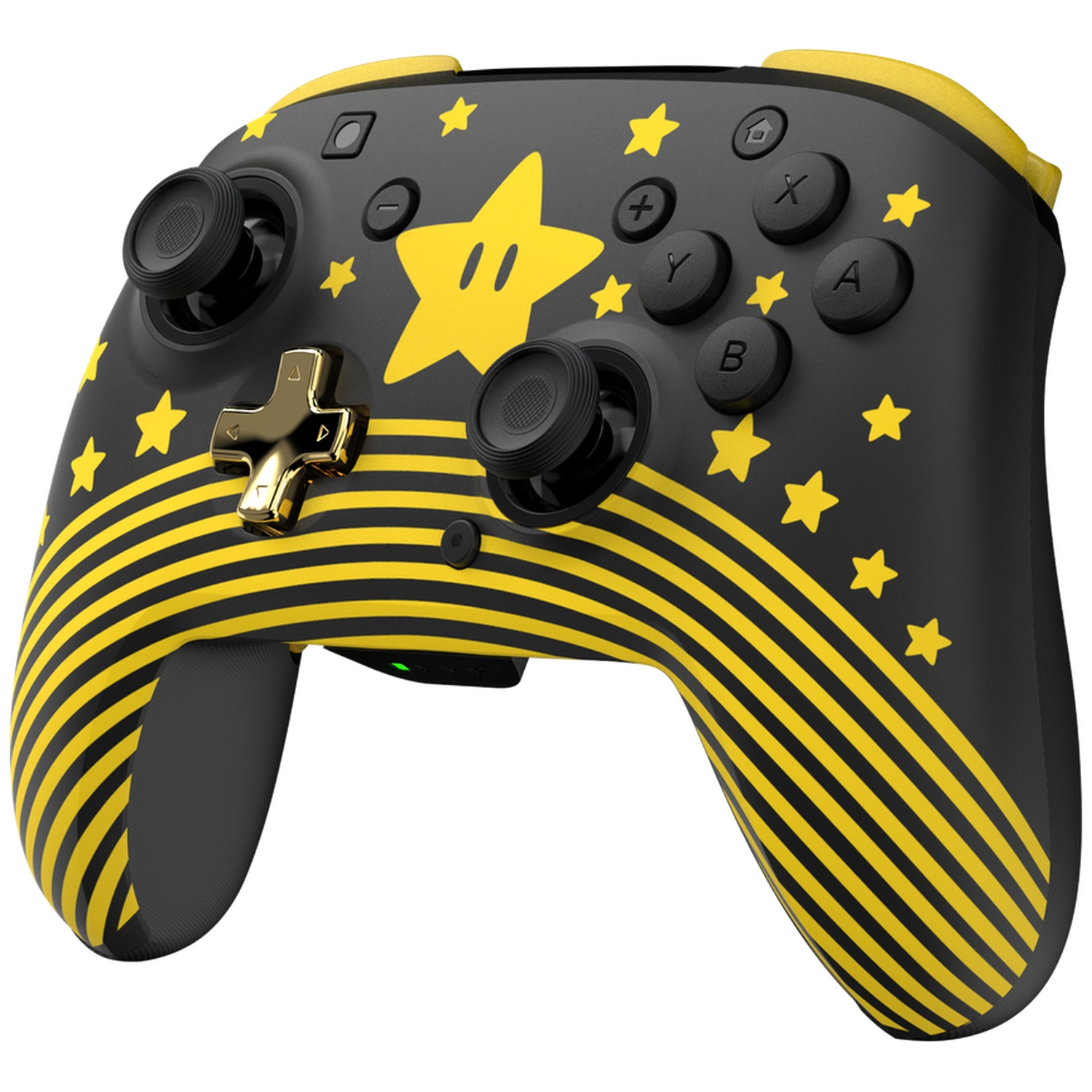 Manette Nintendo Switch noire et jaune. Comprend une grande étoile jaune, d'autres étoiles, des rayures et des boutons.