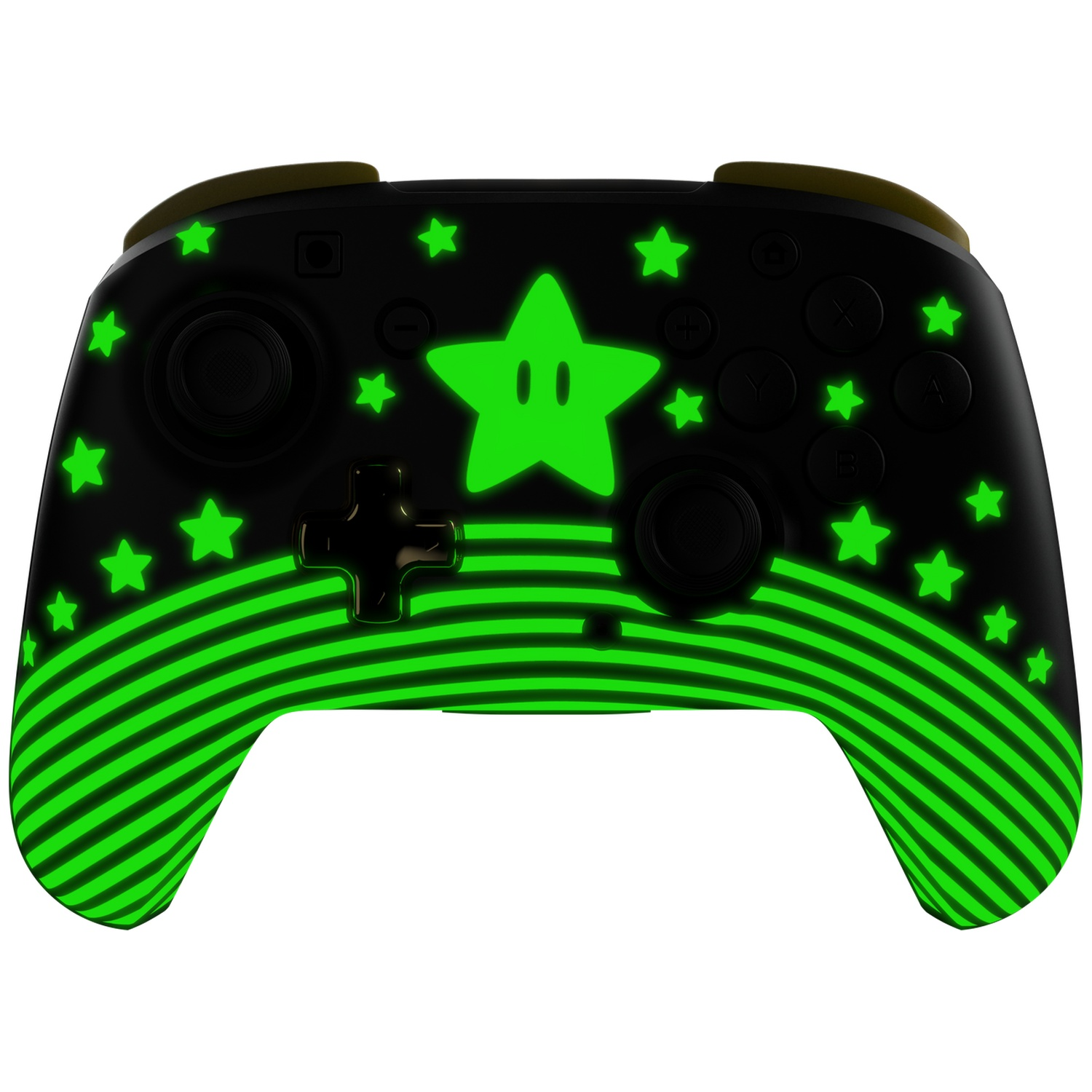 Manette de jeu noire avec des étoiles vertes lumineuses et un personnage étoile au centre. La manette a des rayures vertes.
