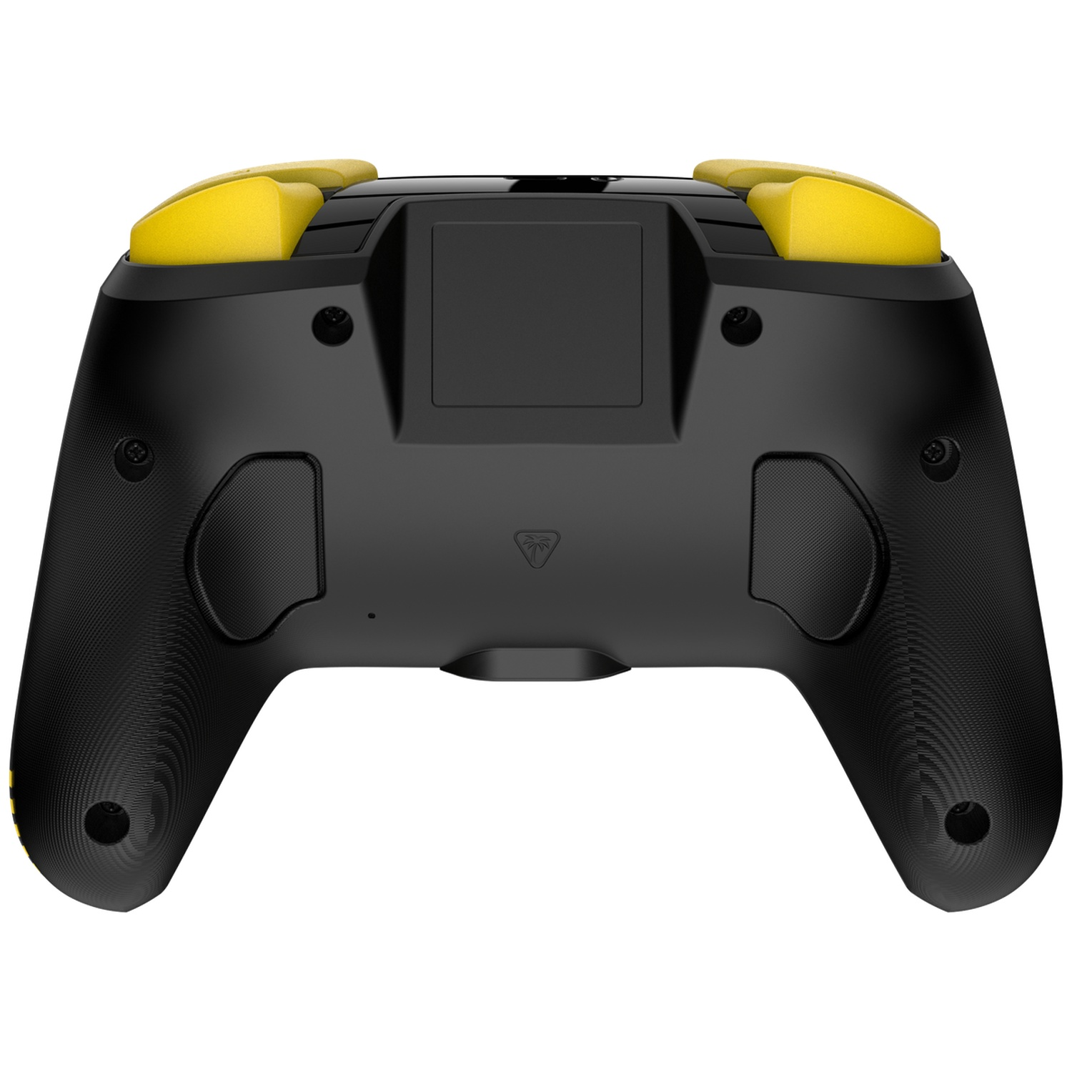 Manette de jeu noire et jaune, vue arrière. Gâchettes jaunes en haut, boutons noirs, prise texturée et un logo au centre.