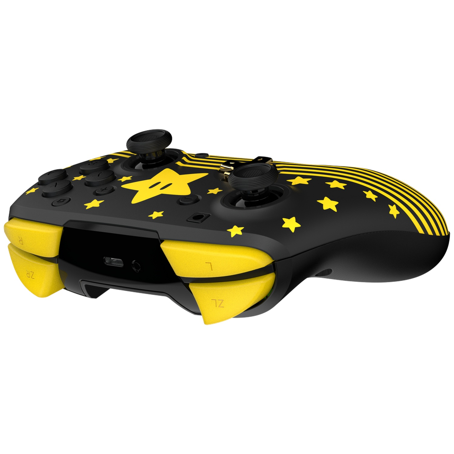 Manette Switch noire et jaune. Elle présente un motif d'étoiles jaunes. Gâchettes jaunes et joysticks noirs sont visibles.