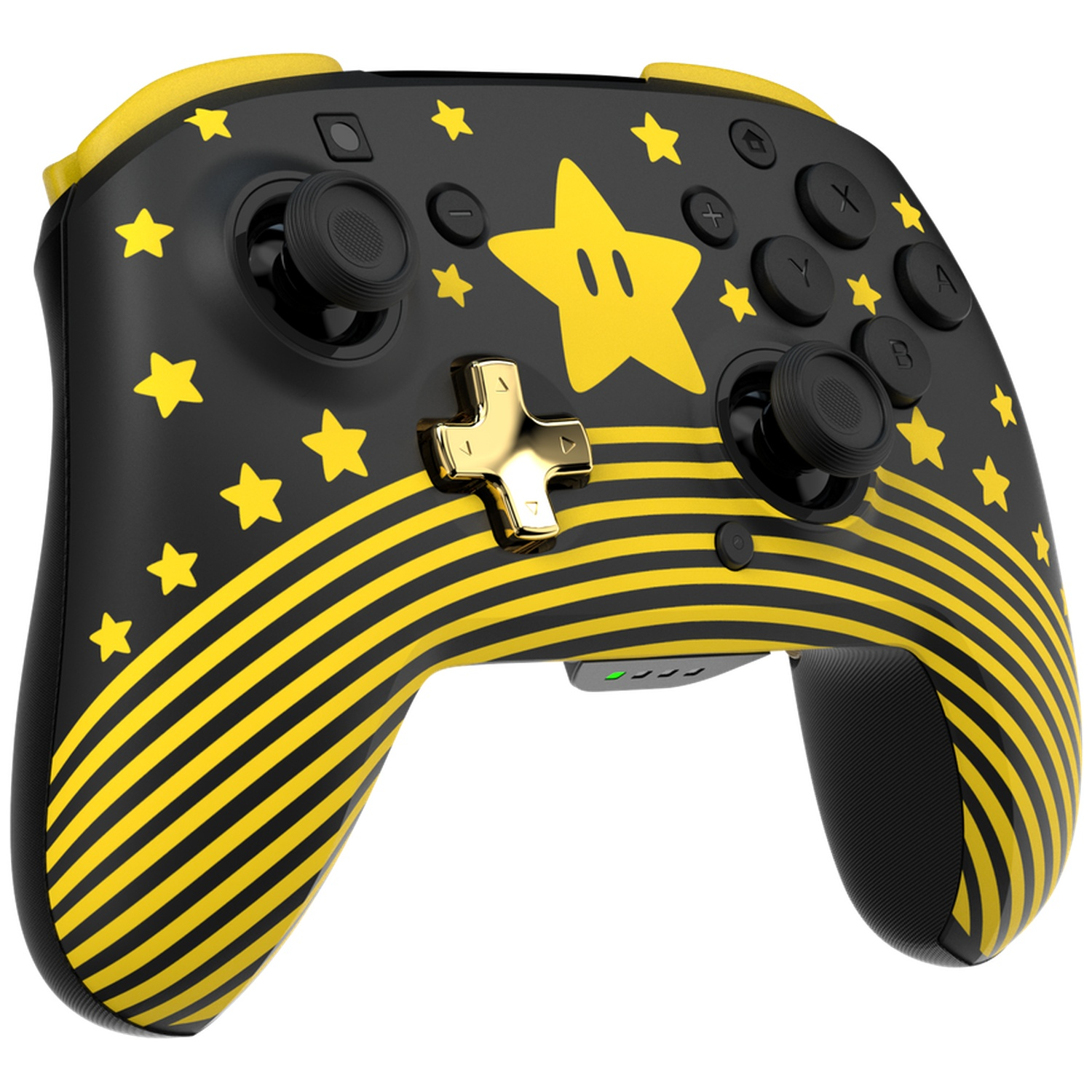 Manette Nintendo Switch noire et jaune. Comporte un design d'étoiles et de rayures. Possède des joysticks et des boutons noirs, une croix et une étoile dorées.