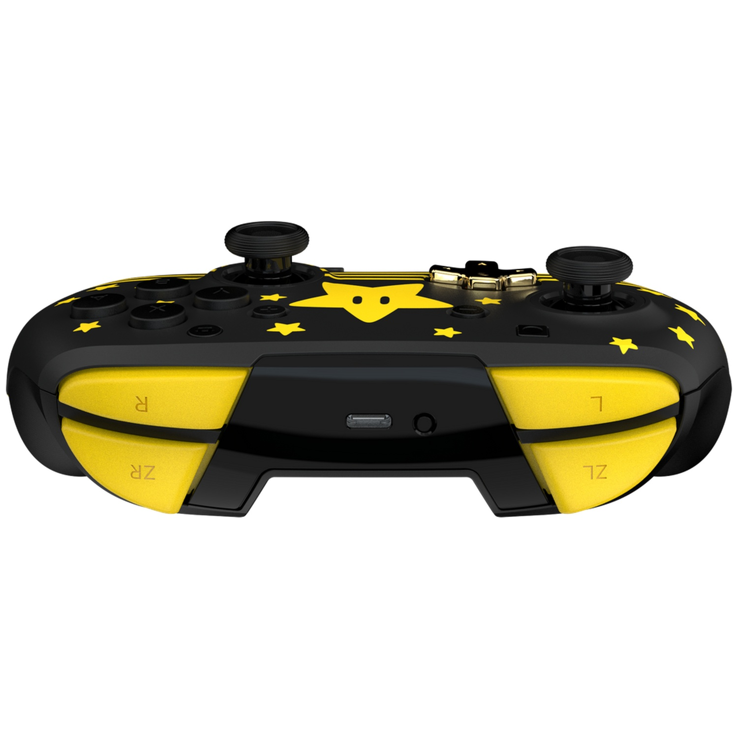 Manette de jeu noire et jaune. Étoiles et détails jaunes sur le corps noir. Gâchettes jaunes. Joysticks et boutons noirs.