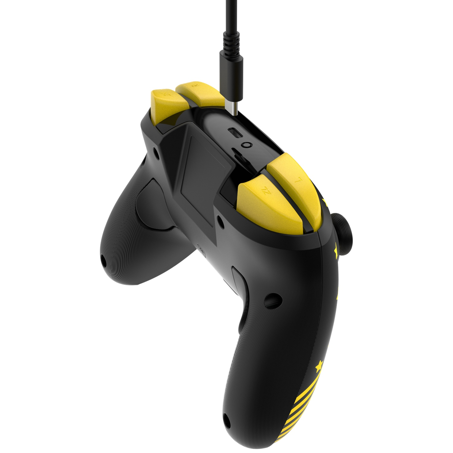 Manette de jeu noire et jaune avec câble USB-C. Elle a des boutons jaunes et un motif d'étoiles sur le côté.
