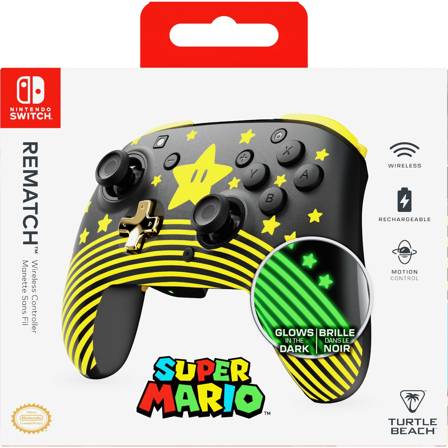 Une manette Nintendo Switch dans une boîte. Elle est noire avec des étoiles et des rayures jaunes et arbore le logo Super Mario.