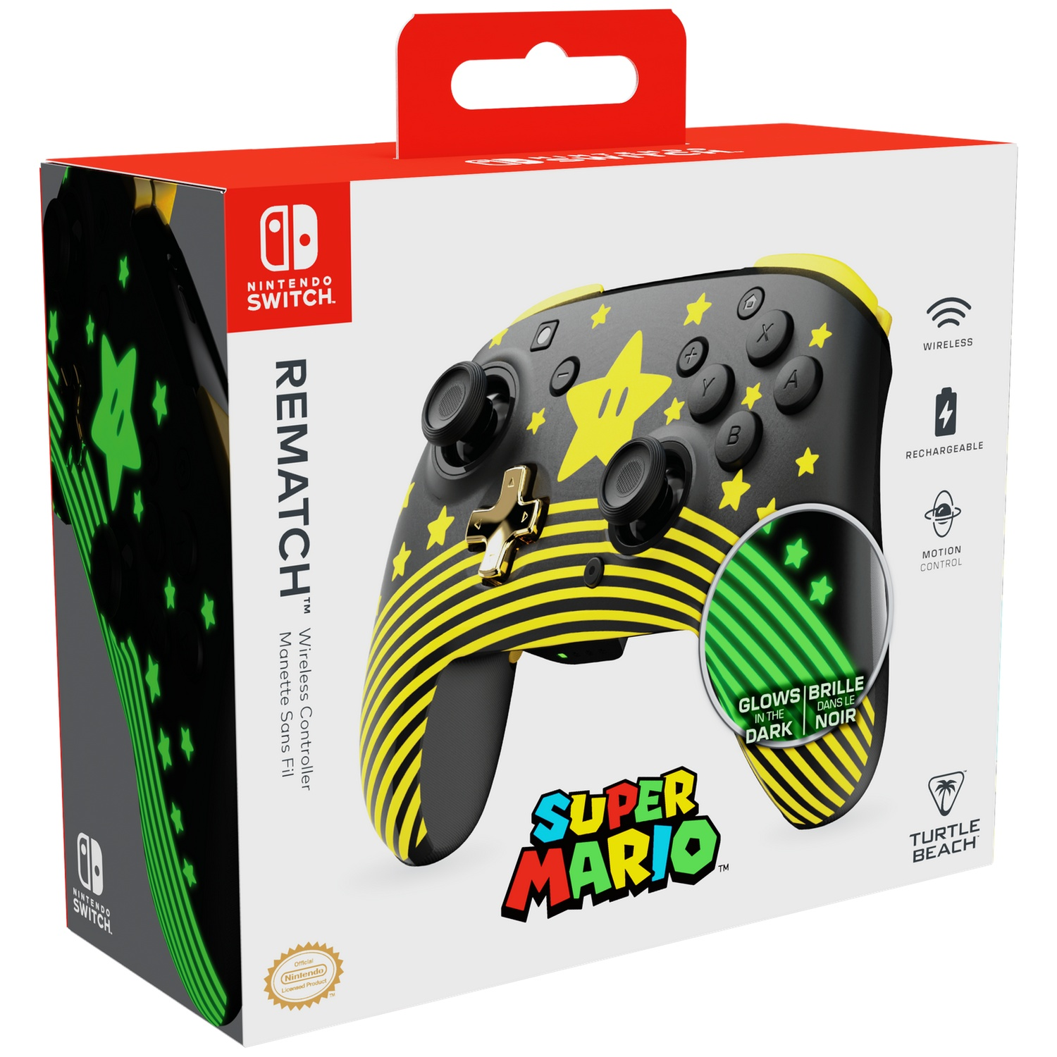 Boîte de manette Nintendo Switch. Manette noire avec étoiles et lignes jaunes. Logo Super Mario. Sans fil et rechargeable.