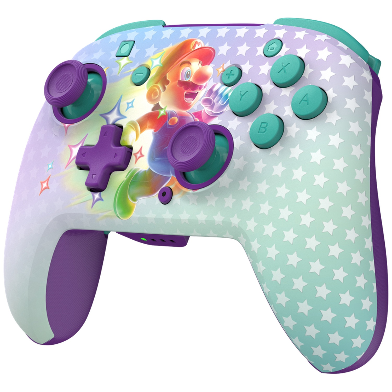 Une manette Nintendo Switch avec Mario. Elle présente un motif d'étoiles, des accents violets et turquoise, et des boutons colorés.