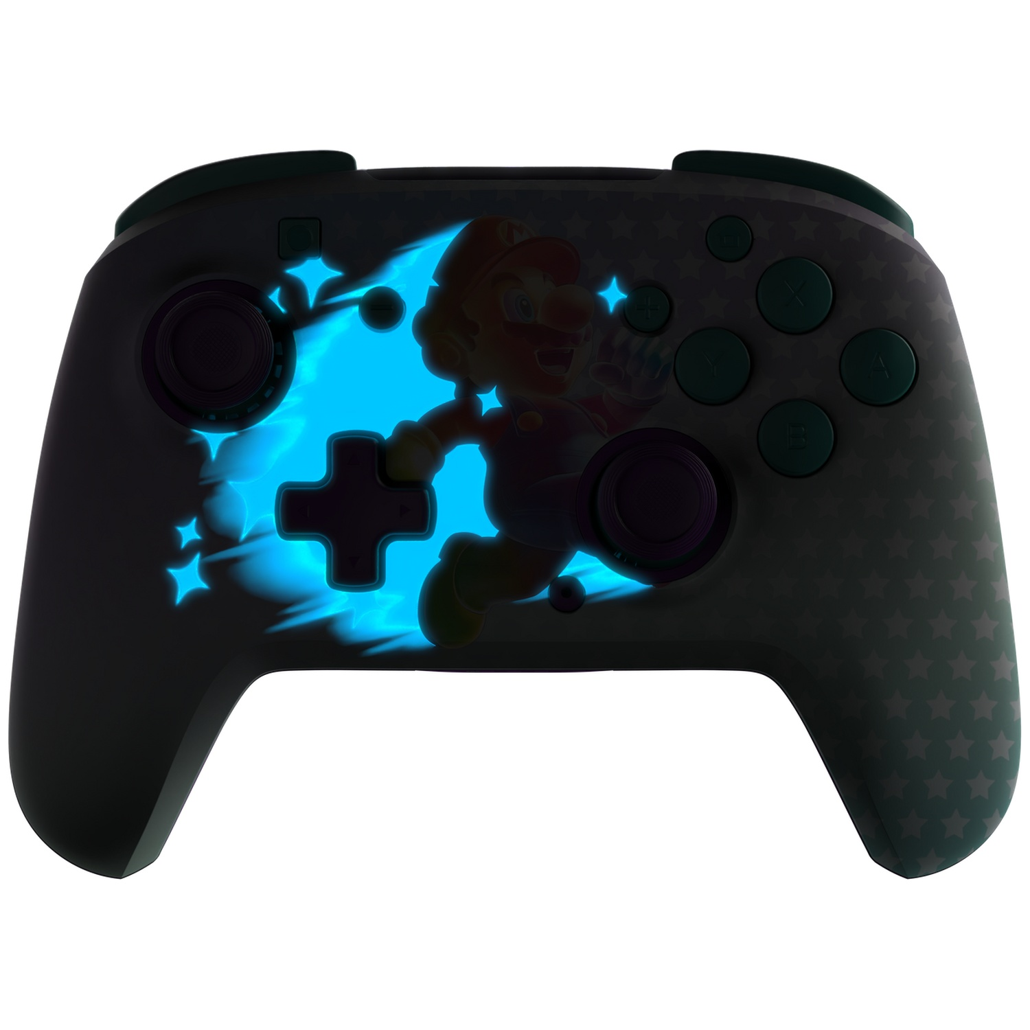 Une manette grise Nintendo Switch avec un design Mario. Elle a un effet de lueur bleue. Les boutons sont verts et violets.