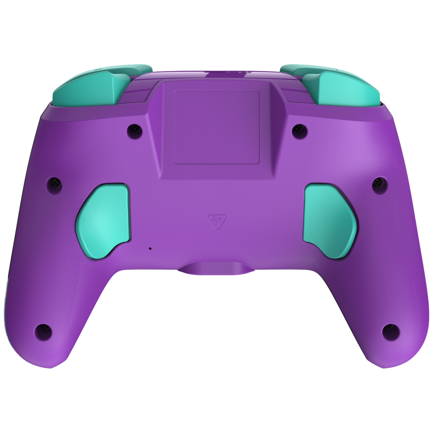 Une manette de jeu violette avec des boutons et des accents turquoise sur fond blanc.