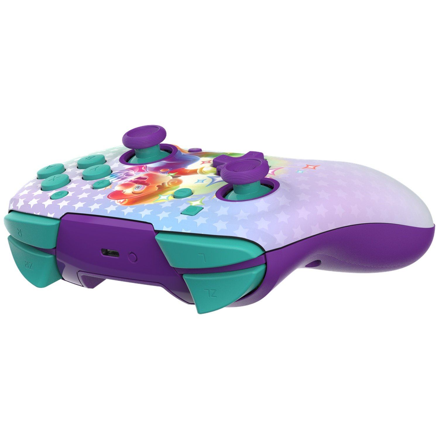 Une manette Nintendo Switch violette et sarcelle. Elle présente un design coloré avec des étoiles et un personnage. Bâtons et boutons violets.